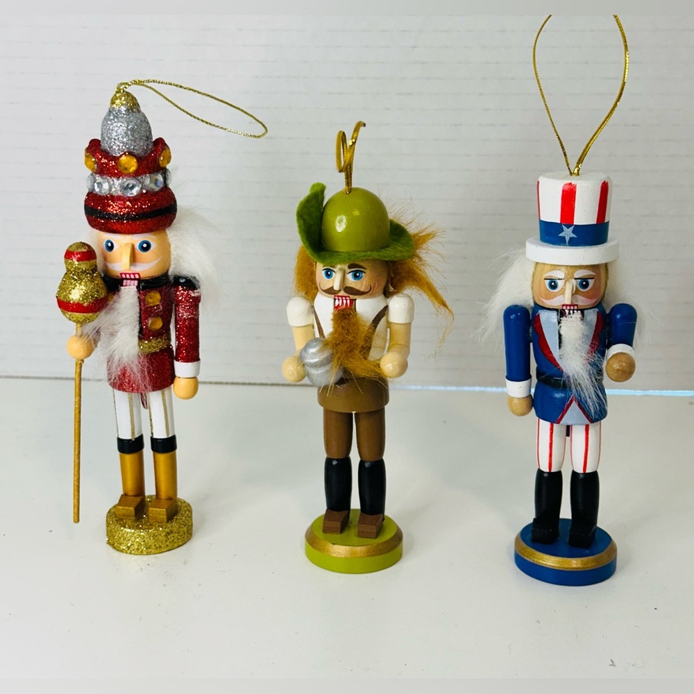 3 Wooden Nutcracker Christmas Ornaments Mini 5” Soldier, Woodsman And Uncle Sam